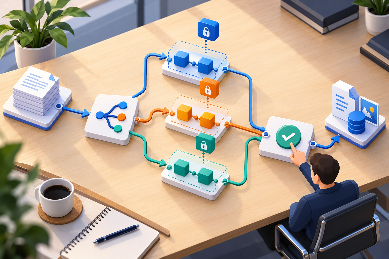 AI ilustrácia: modulárne firemné workflowy s oddelenými oprávneniami a ľudským schvaľovaním.