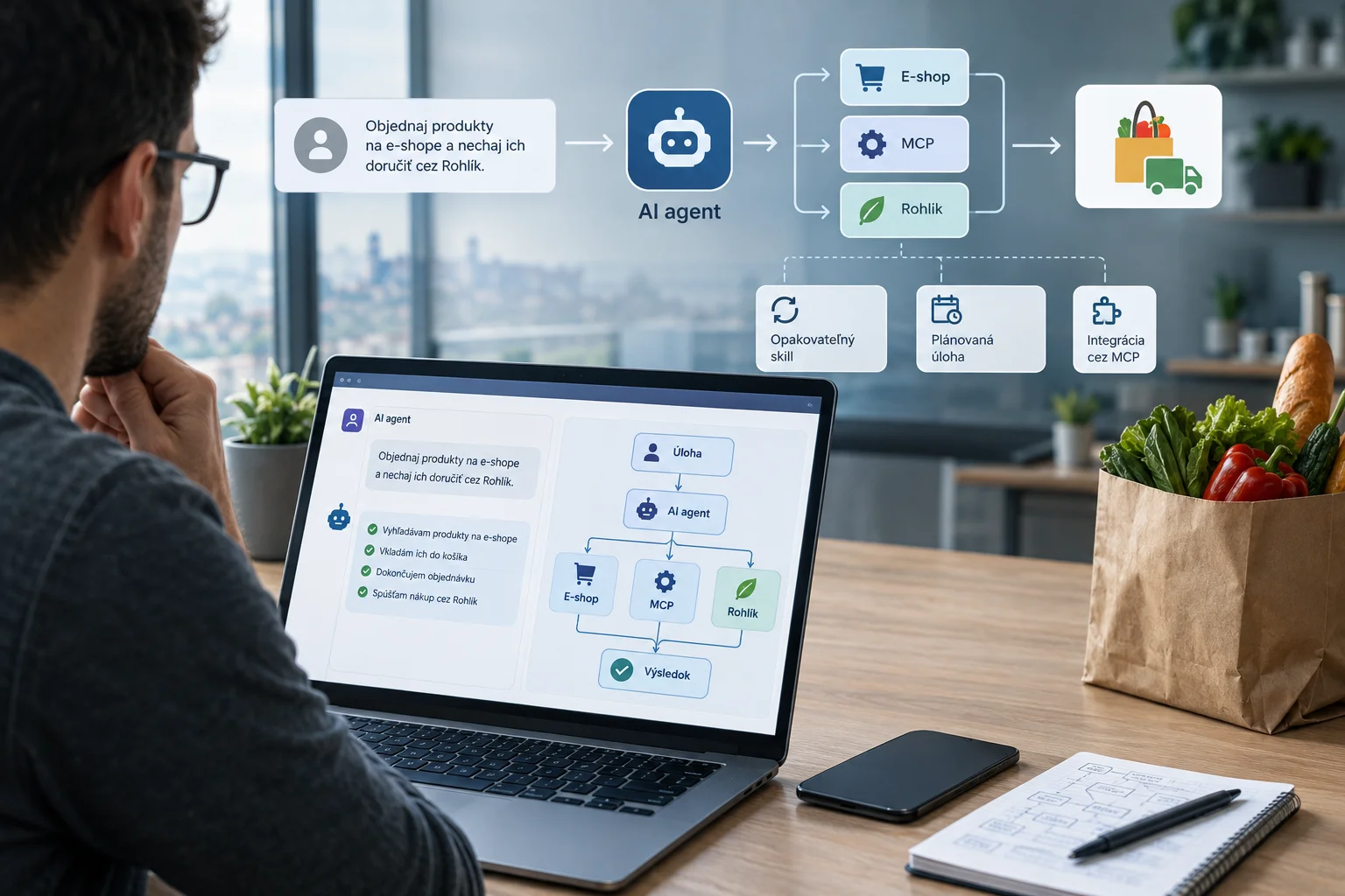 AI ilustrácia: Jirka Herník v opise videa ukazuje workflow AI agenta pre e-shop a MCP nákup cez Rohlík