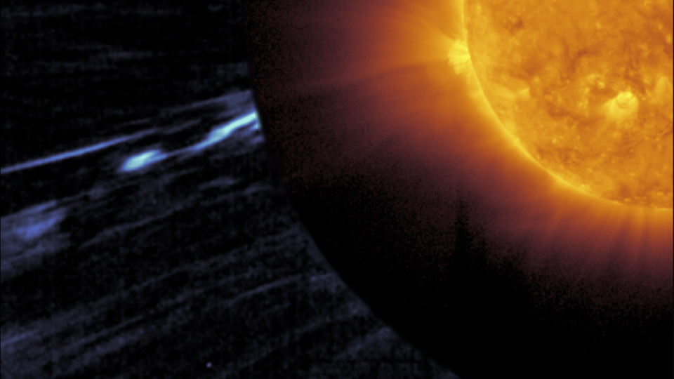 Záhyb magnetického poľa zachytený Solar Orbiterom v marci 2022; staršia snímka ilustruje jav skúmaný novou štúdiou.