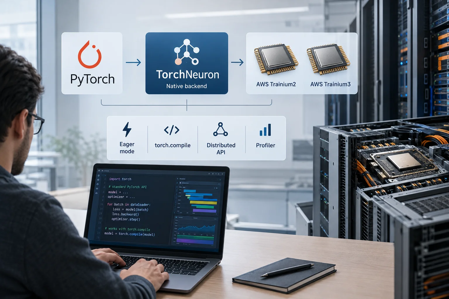 AI ilustrácia: PyTorch uviedol TorchNeuron pre AWS Trainium ako natívny backend cez štandardné PyTorch API
