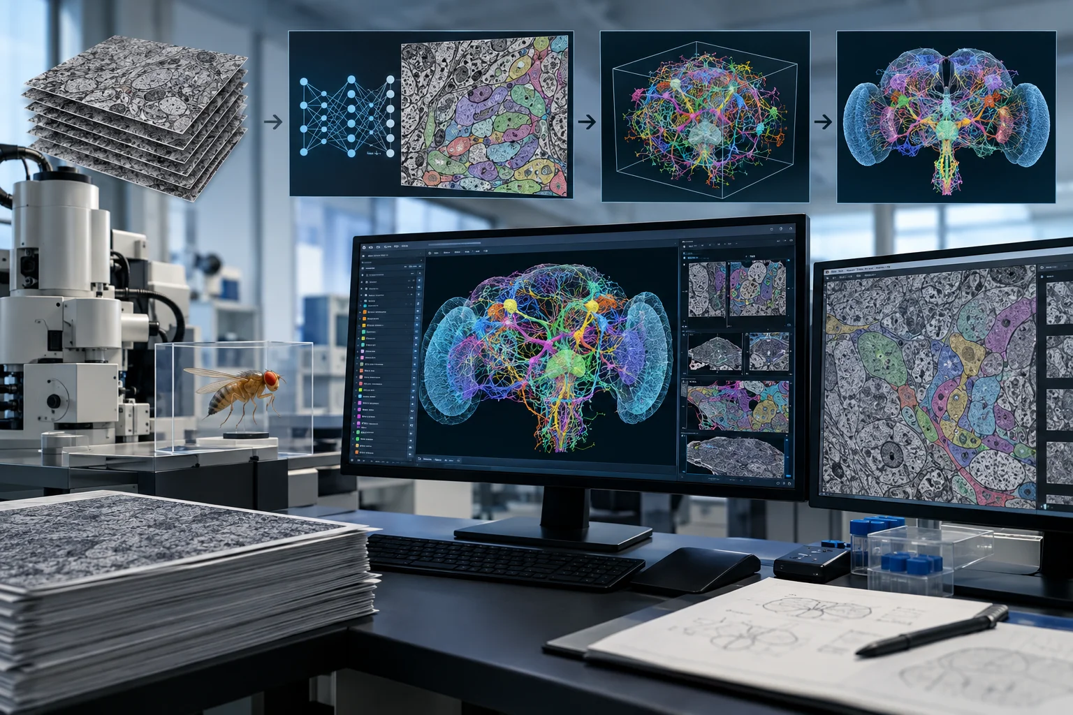 AI ilustrácia: Google Research a HHMI Janelia zverejnili kompletnú mapu mozgu samca ovocnej mušky