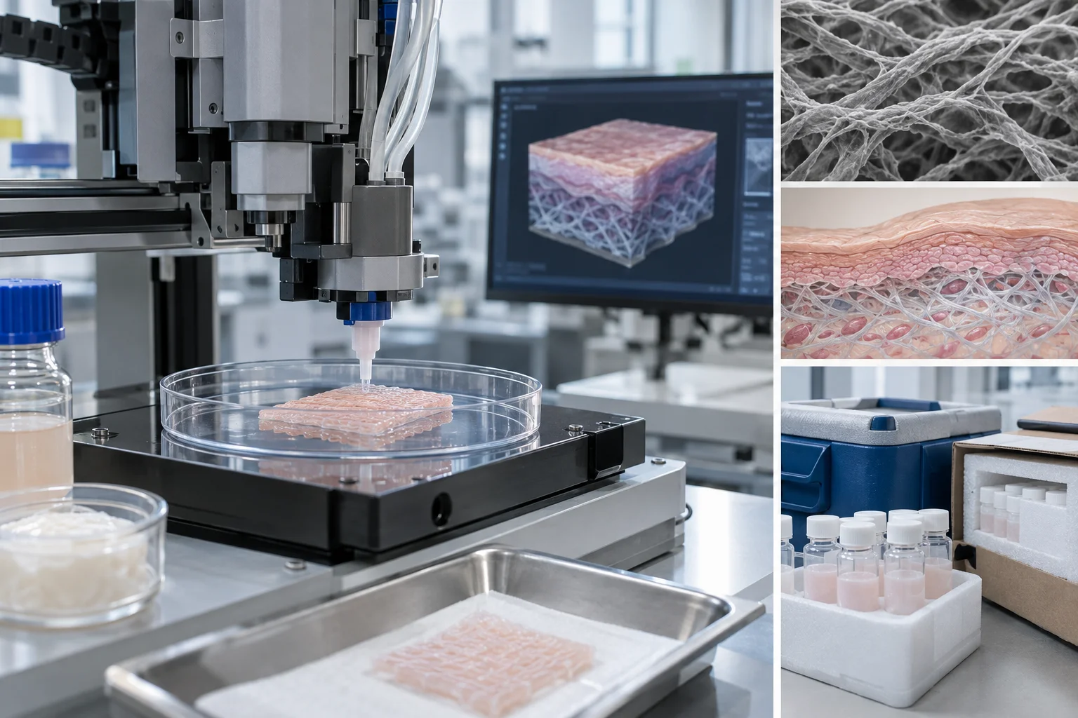AI ilustrácia: Fraunhofer v projekte PhysioINK ukázal prvé vytlačené kožné tkanivo z kolagénového bioatramentu v Nemecku