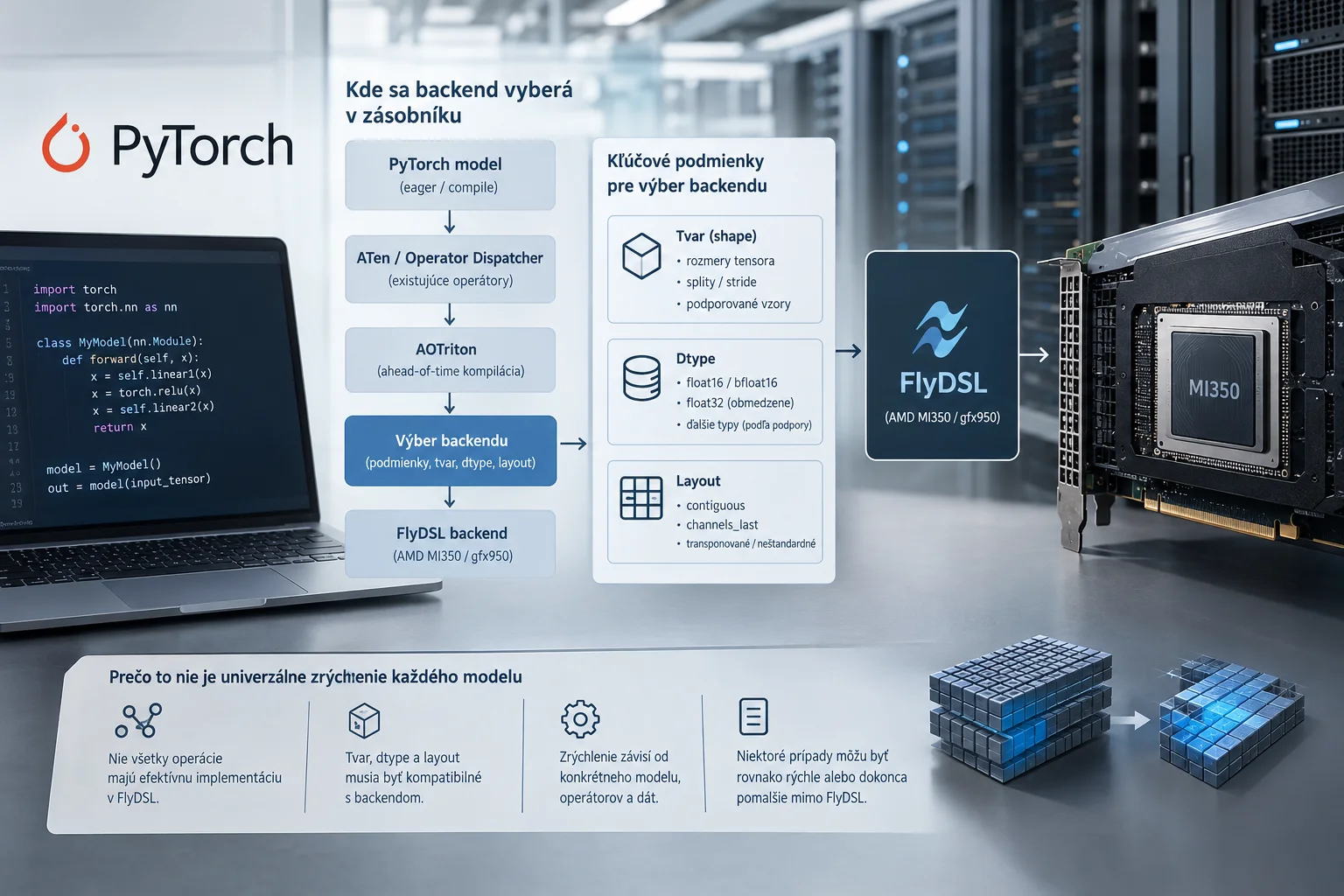 AI ilustrácia: PyTorch pridáva FlyDSL na AMD MI350: kde sa backend vyberá a kedy zrýchli existujúce API