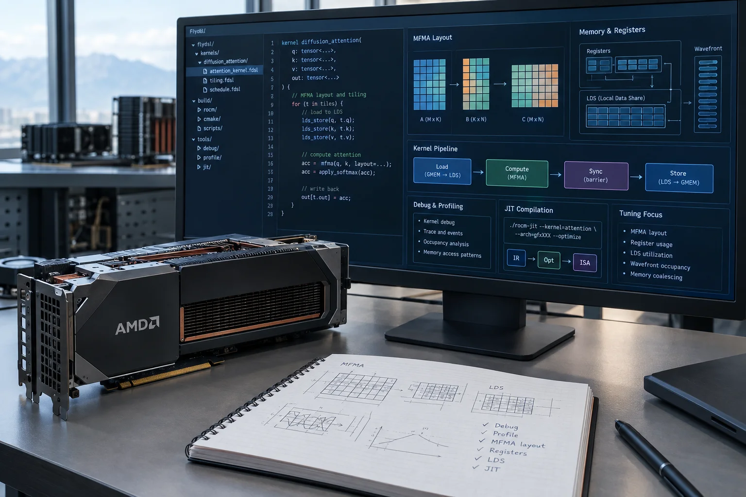 AI ilustrácia: AMD zverejnilo postup pre custom diffusion attention kernel vo FlyDSL na ROCm