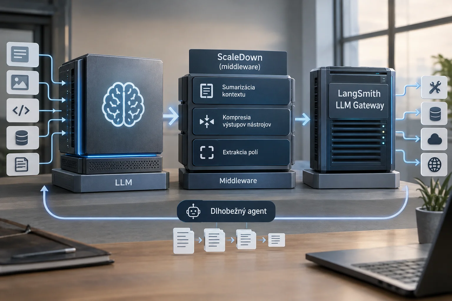AI ilustrácia: LangChain pridal ScaleDown do dlhobežných agentov a Gateway: kontext sa presúva z veľkého LLM do middleware