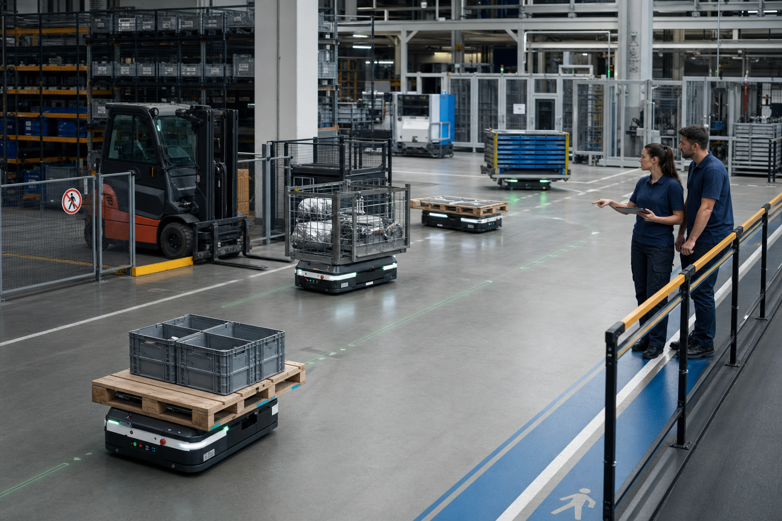 Autonómne robotické zariadenia presúvajú materiál vo výrobnej hale.